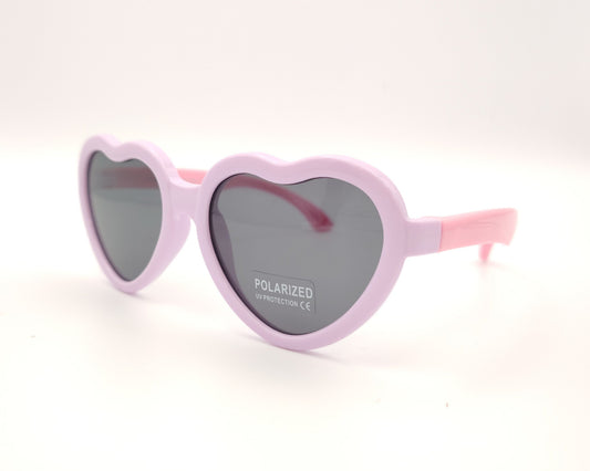 gafas de sol infantiles polarizadas con montura lila en forma de corazón, varillas rosas y lentes grises con protección uv