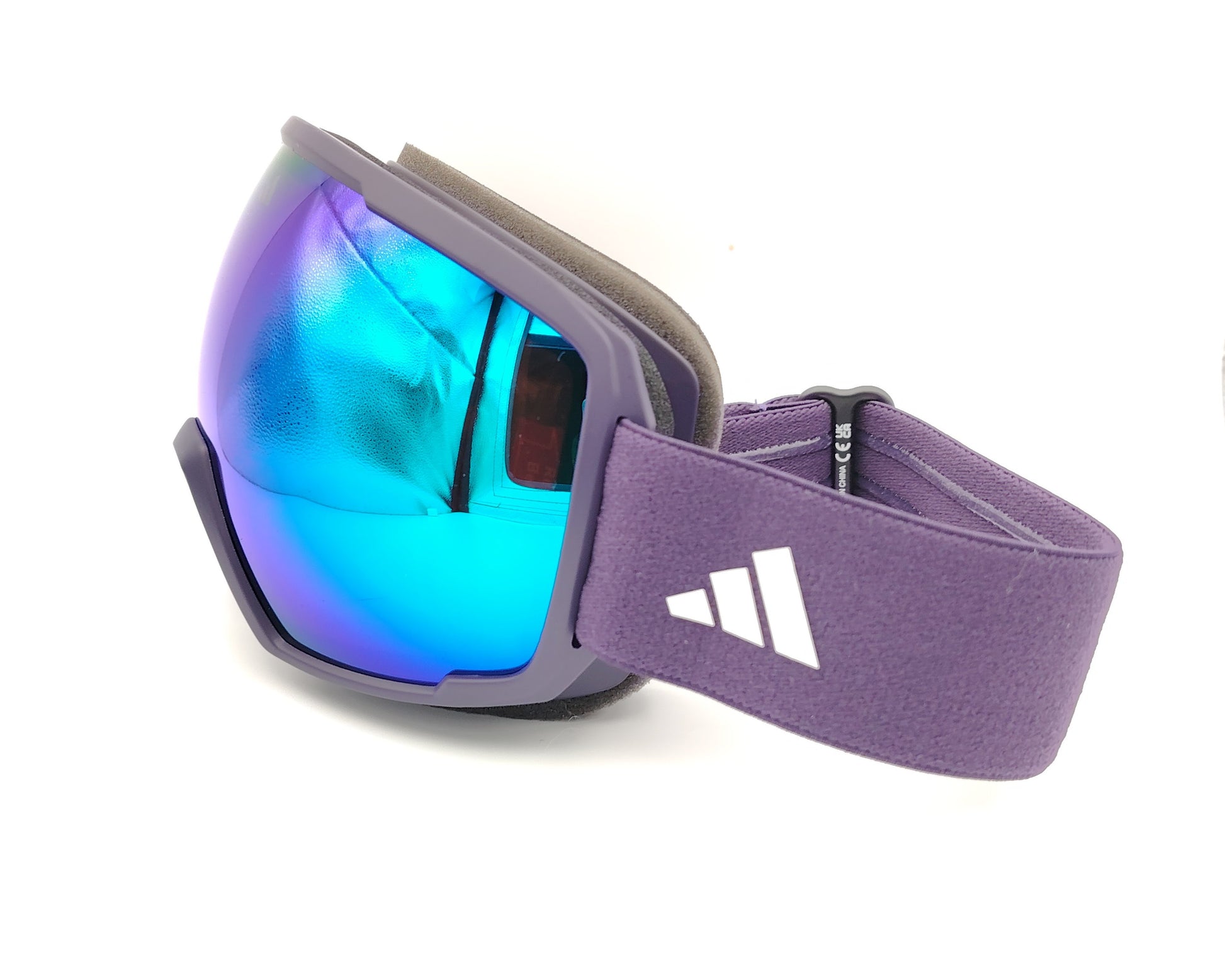 gafas de esquí lila con lente espejo azul iridiscente y cinta elástica a juego