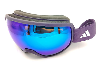 gafas de esquí lila con lente espejo azul iridiscente y cinta elástica a juego