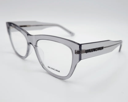gafas balenciaga bb0309O 005 montura de acetato gris transparente con forma cat eyes varillas anchas con logo en relieve