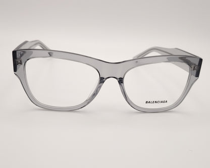 gafas balenciaga bb0309O 005 montura de acetato gris transparente con forma cat eyes varillas anchas con logo en relieve