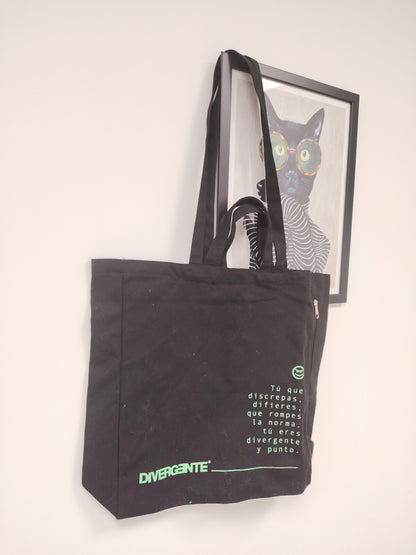 bolsa tote divergente de algodón reciclado negro con cremallera lateral