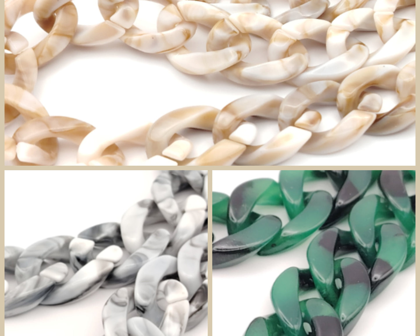 cadenas para gafas de eslabones grandes en color beige, gris y verde