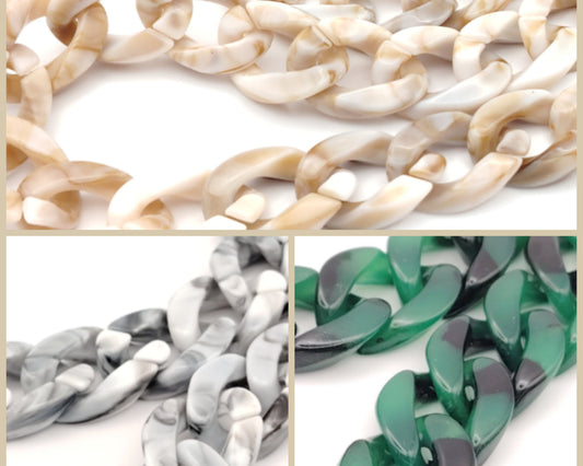 cadenas para gafas de eslabones grandes en color beige, gris y verde