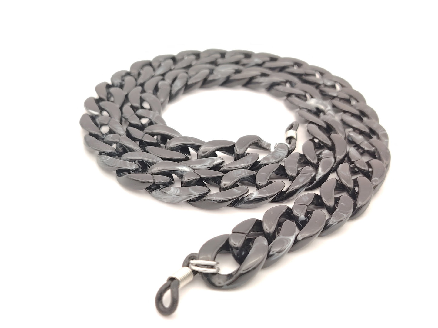 cadena para gafas de eslabones grandes en negro marmolado con enganche de goma negra
