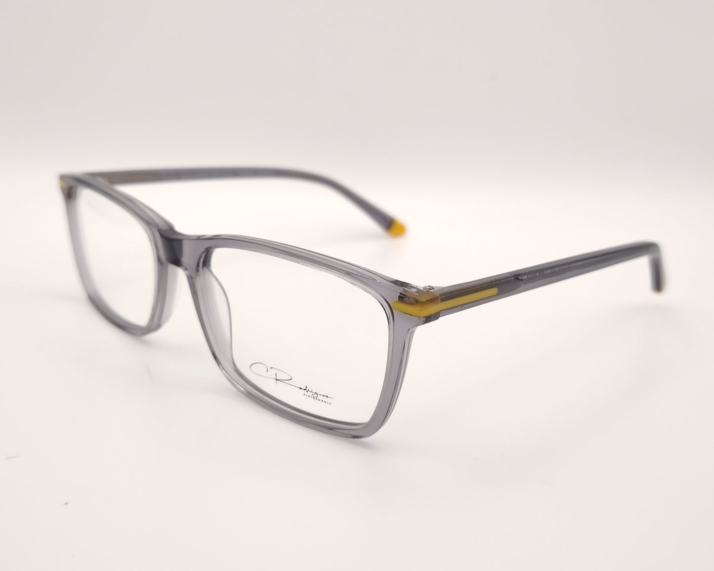 gafas graduadas en gris traslúcido rectangulares con detalles en amarillo 