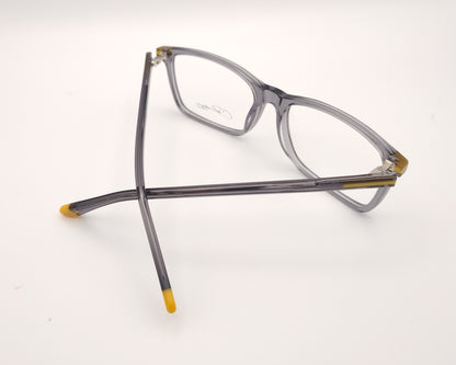 gafas graduadas en gris traslúcido rectangulares con detalles en amarillo 