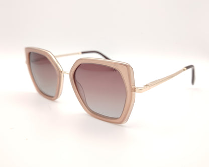 gafas de sol polarizadas rosa translúcido con montura geométrica y varillas doradas
