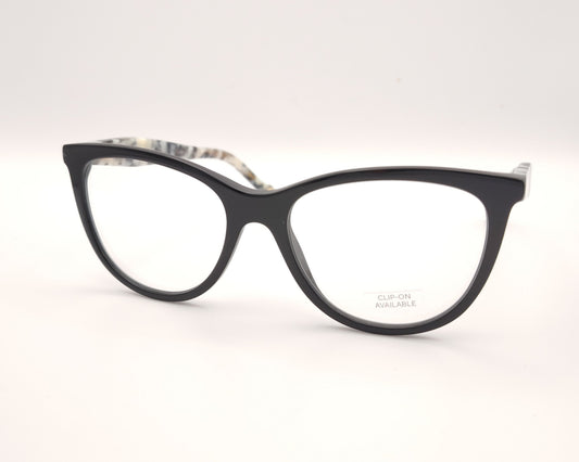 gafas carolina herrera negras con varillas moteadas y clip-on solar con lentes oscuras