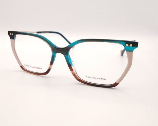 gafas graduadas carolina herrera de acetato fino en azul turquesa, beige y carey con varillas metálicas doradas