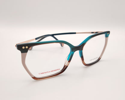 gafas graduadas carolina herrera de acetato fino en azul turquesa, beige y carey con varillas metálicas doradas