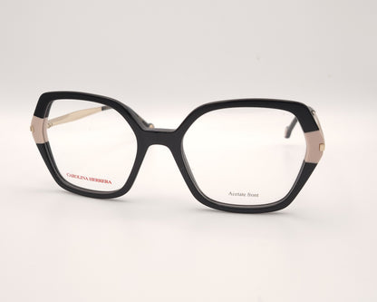 gafas carolina herrera de acetato en color negro con detalles en beige y varillas doradas 