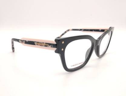 gafas graduadas carolina herrera de forma cuadrada en negro con varillas rosa claro y detalles marmolados