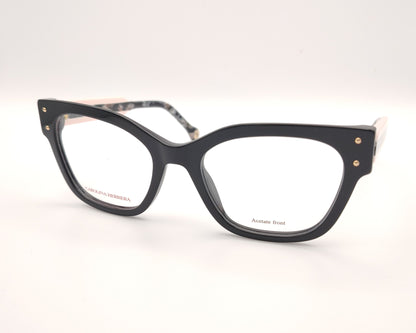 gafas graduadas carolina herrera de forma cuadrada en negro con varillas rosa claro y detalles marmolados