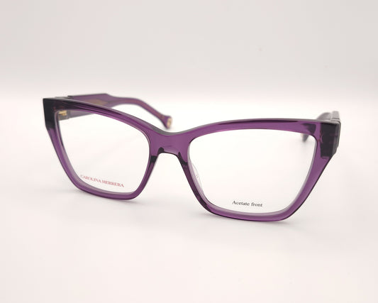 gafas carolina herrera cat eye púrpuras translúcidas con logo dorado en las varillas