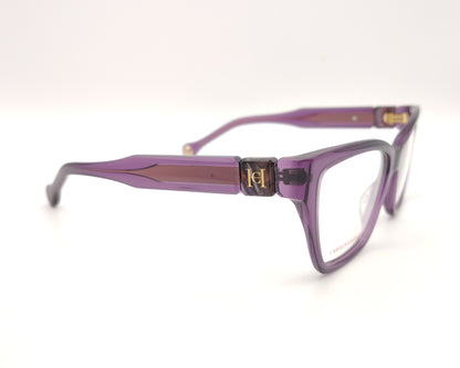 gafas graduadas carolina herrera de forma cuadrada en acetato translúcido morado con detalle dorado en las varillas