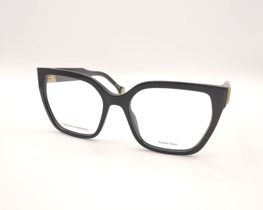 gafas carolina herrera negras cuadradas con detalle dorado y logo ch en las varillas