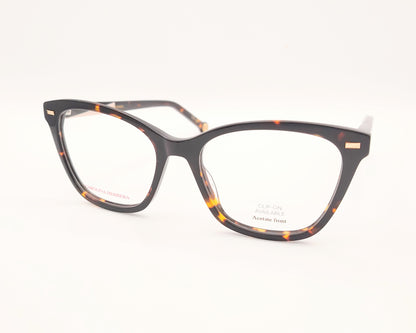 gafas graduadas carolina herrera de forma cat eye en carey oscuro con varillas negro y rosa claro y clip on solar