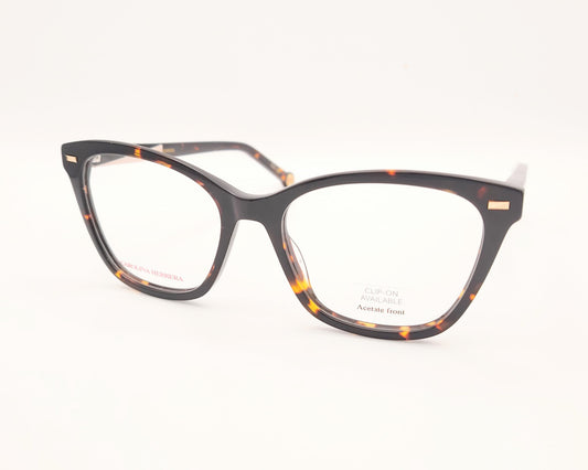 gafas graduadas carolina herrera de forma cat eye en carey oscuro con varillas negro y rosa claro y clip on solar