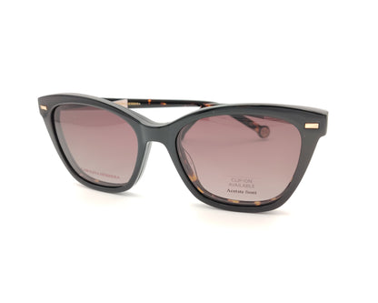 gafas graduadas carolina herrera de forma cat eye en carey oscuro con varillas negro y rosa claro y clip on solar