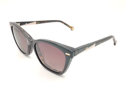 gafas graduadas carolina herrera de forma cat eye en carey oscuro con varillas negro y rosa claro y clip on solar
