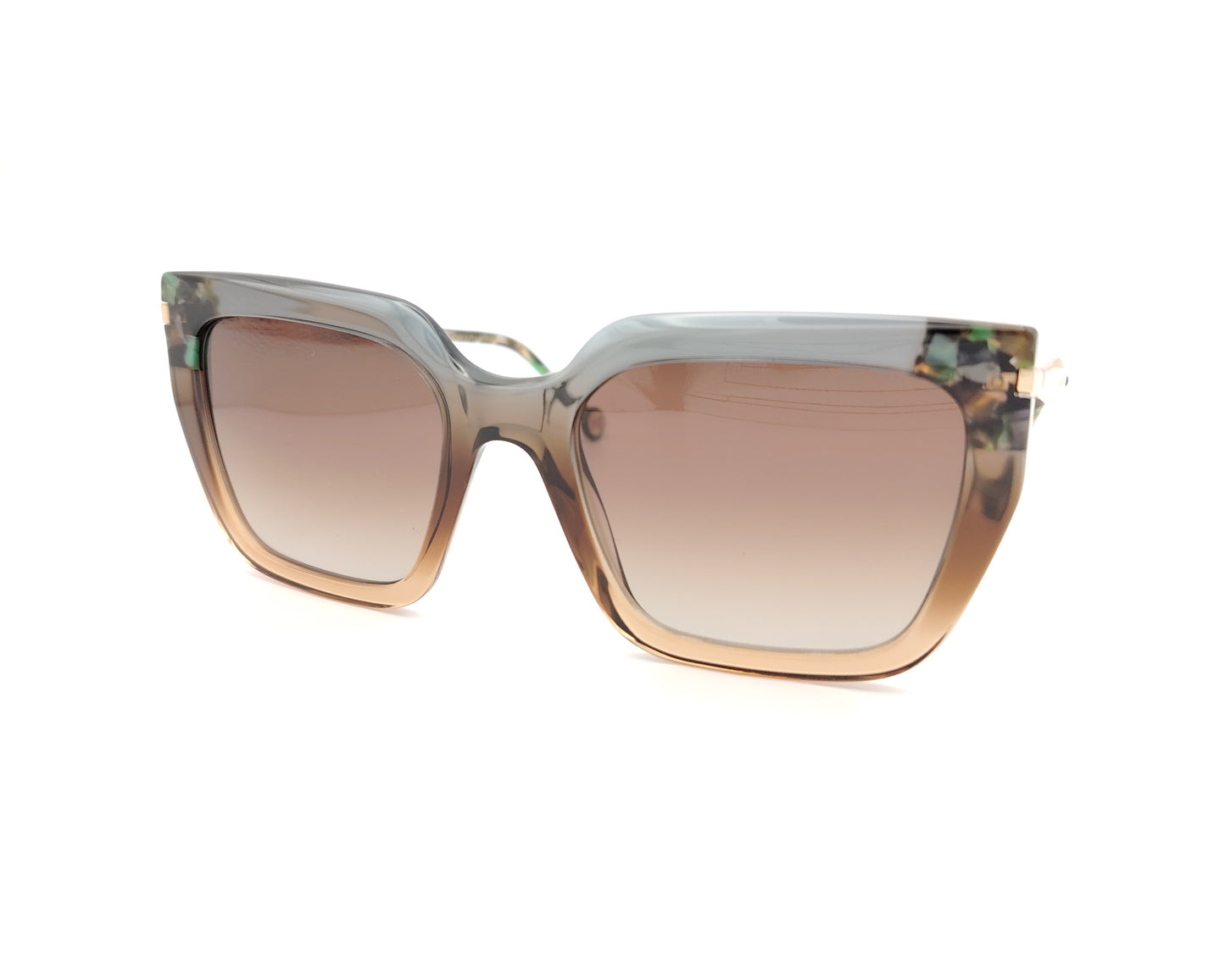 gafas de sol carolina herrera de acetato  forma cuadrada en verde y marrón con detalle carey y varillas doradas