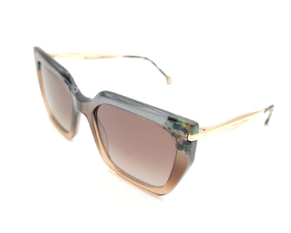 gafas de sol carolina herrera de acetato  forma cuadrada en verde y marrón con detalle carey y varillas doradas