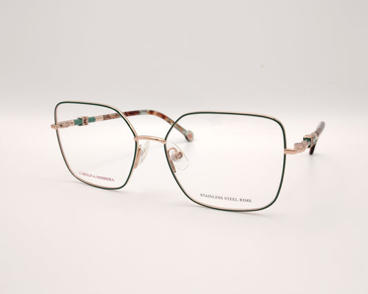 gafas carolina herrera doradas con forma cuadrada grande y detalles en verde y carey