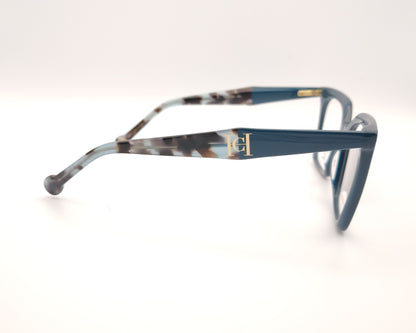 gafas carolina herrera azul petróleo con clip solar negro y forma geométrica