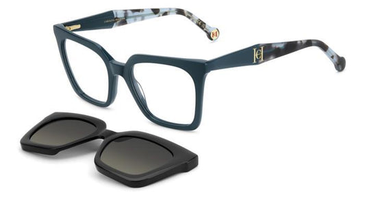 gafas carolina herrera azul petróleo con clip solar negro y forma geométrica