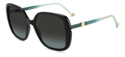 gafas de sol carolina herrera oversize negras con lentes degradadas y varillas turquesa