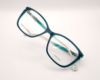 gafas graduadas carolina herrera azul petróleo translúcidas con forma cat eye  suave y detalle dorado