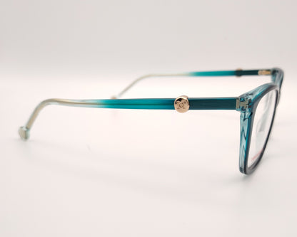 gafas graduadas carolina herrera azul petróleo translúcidas con forma cat eye  suave y detalle dorado