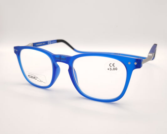 gafas clic flex de lectura con montura azul translúcida y graduación más tres