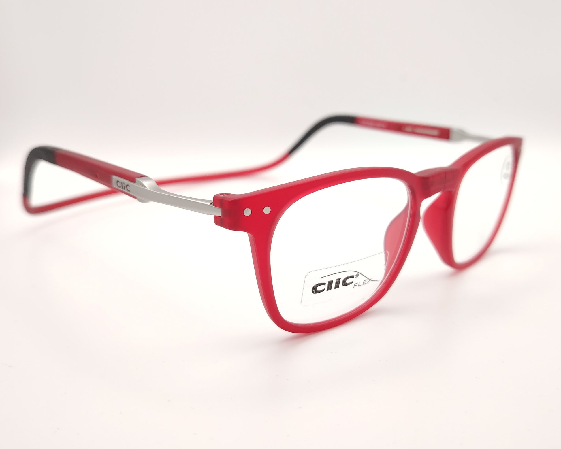 gafas clic flex de lectura con montura roja translúcida y graduación más dos