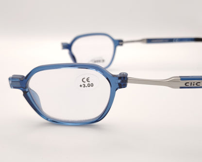 detalle de montura azul geométrica clic flex con varillas metálicas y cierre frontal magnético