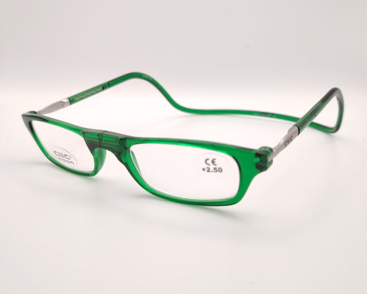 detalle de montura clic visionic verde con varillas metálicas y cierre magnético frontal