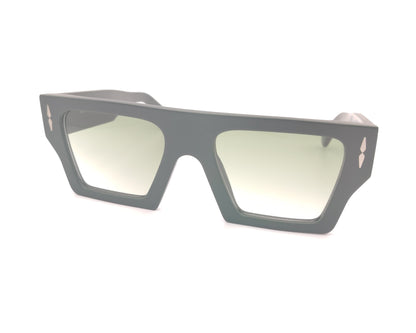 gafas de sol con montura rectangular ancha en color verde mate y detalles metálicos