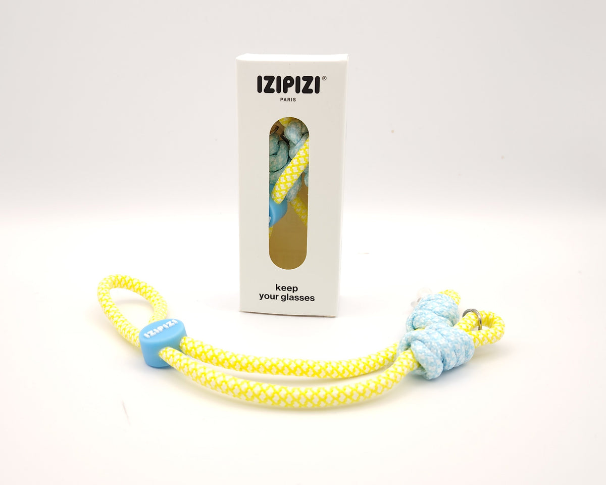 cordones para gafas infantiles de color amarillo y celeste con nudos suaves y ajuste adaptable