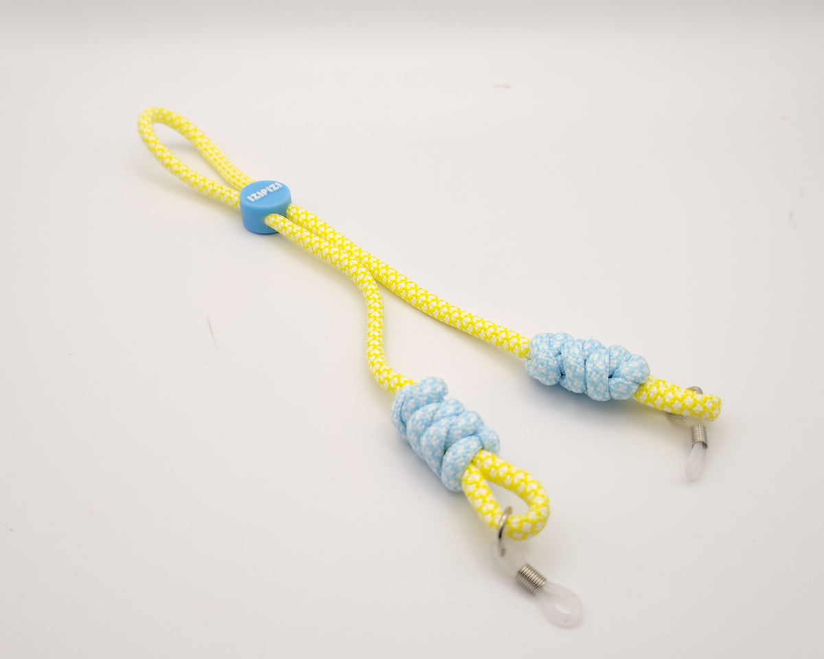 cordones para gafas infantiles de color amarillo y celeste con nudos suaves y ajuste adaptable