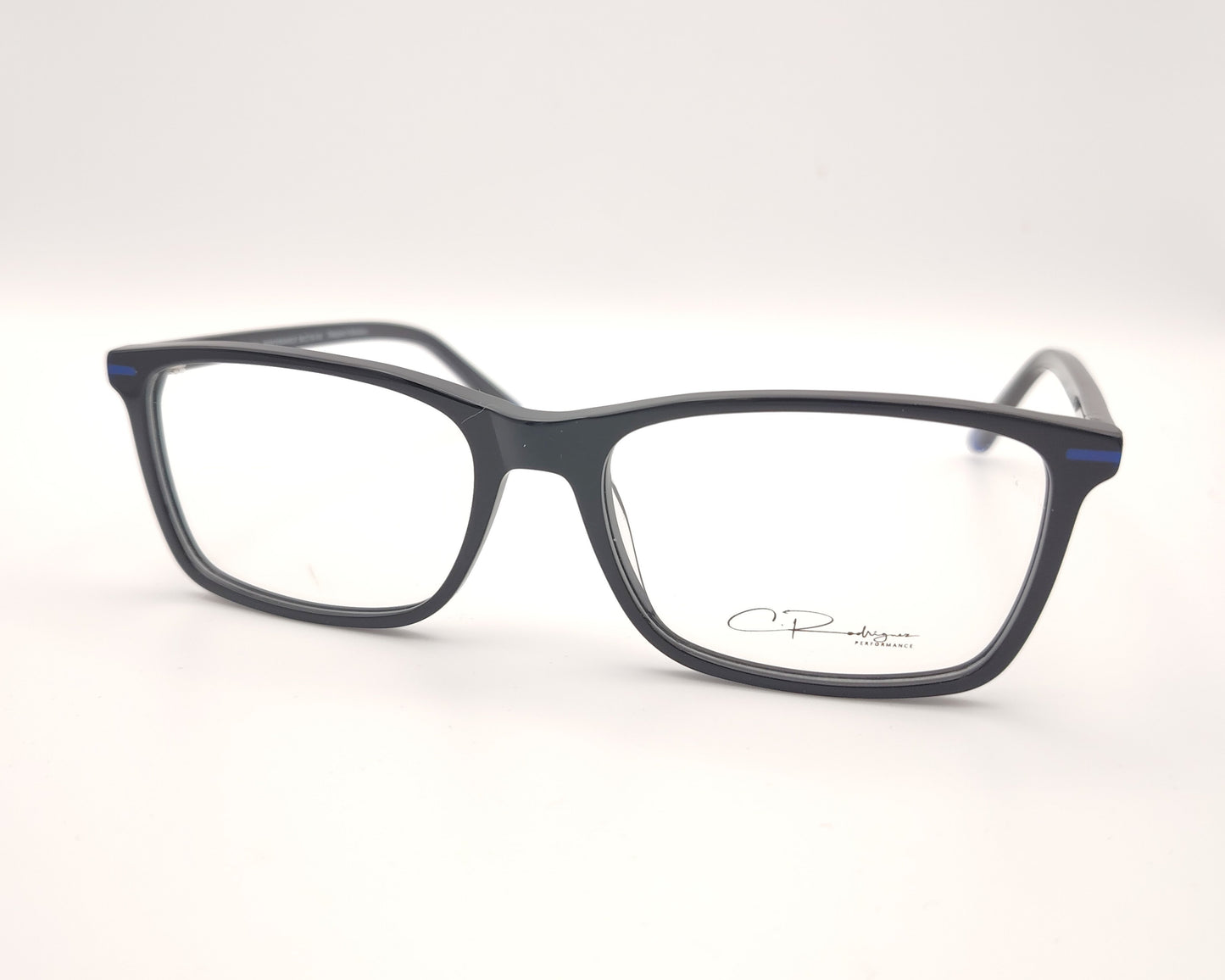 gafas graduadas negras rectangulares con detalles azules diseño moderno ligero