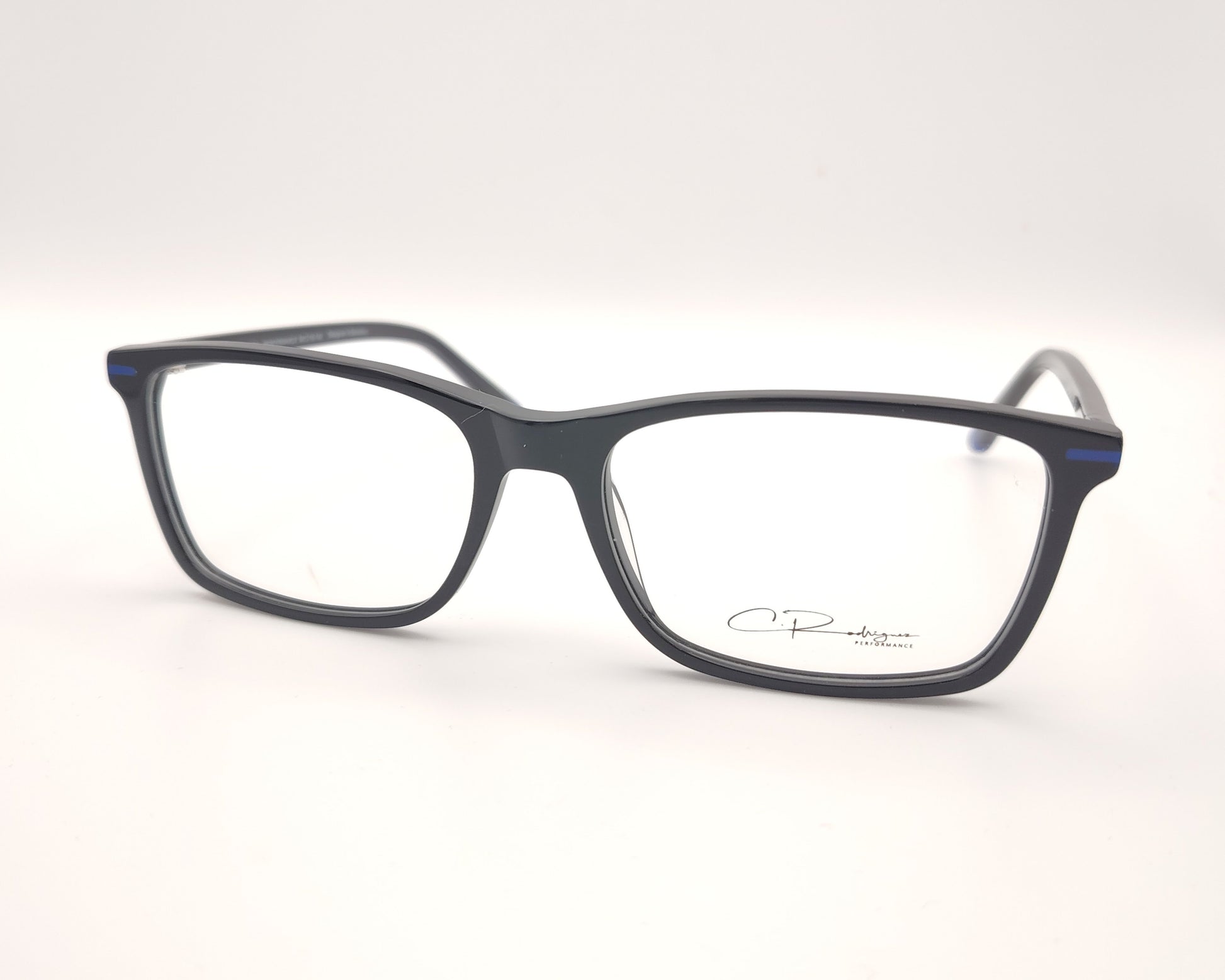 gafas graduadas negras rectangulares con detalles azules diseño moderno ligero