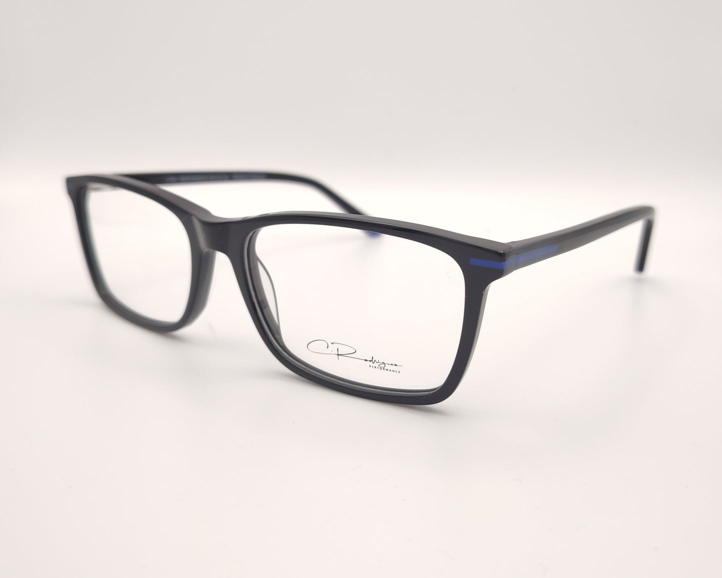 gafas graduadas negras rectangulares con detalles azules diseño moderno ligero