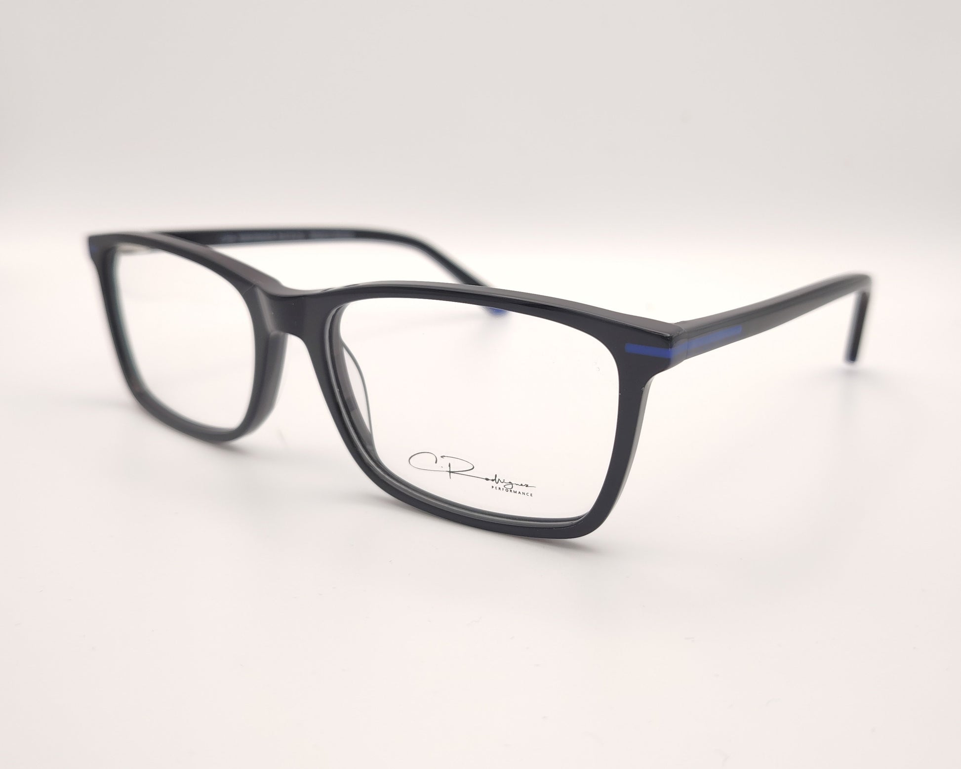gafas graduadas negras rectangulares con detalles azules diseño moderno ligero