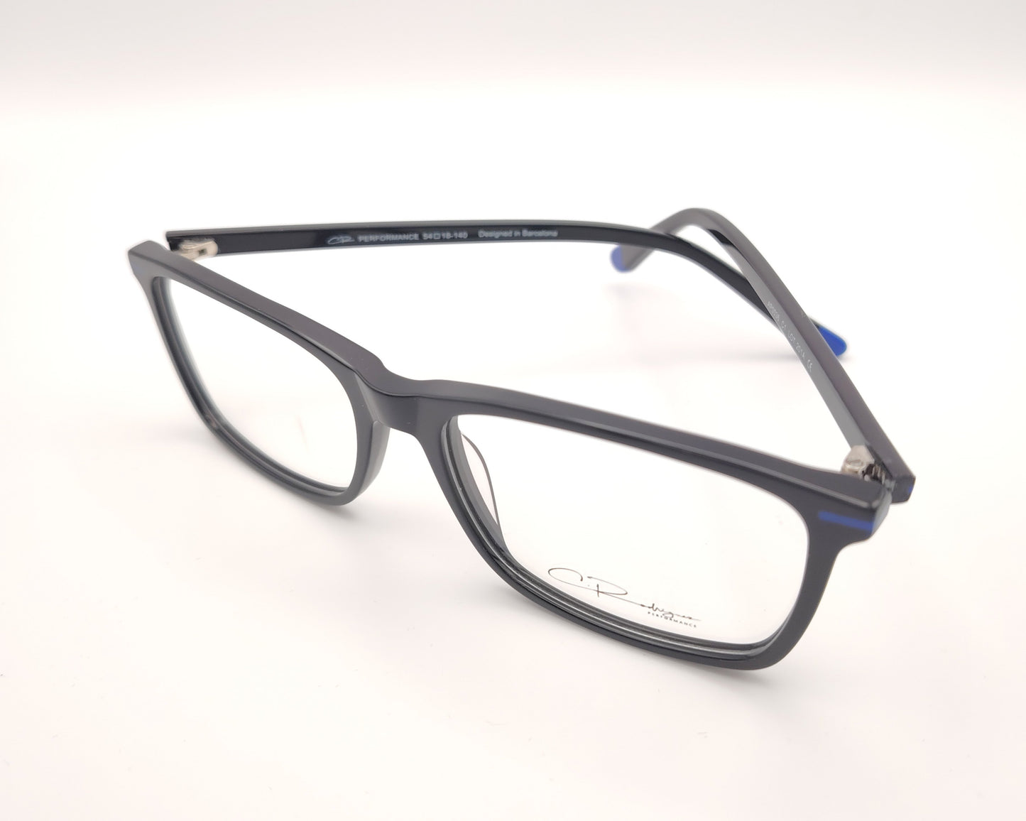 gafas graduadas negras rectangulares con detalles azules diseño moderno ligero