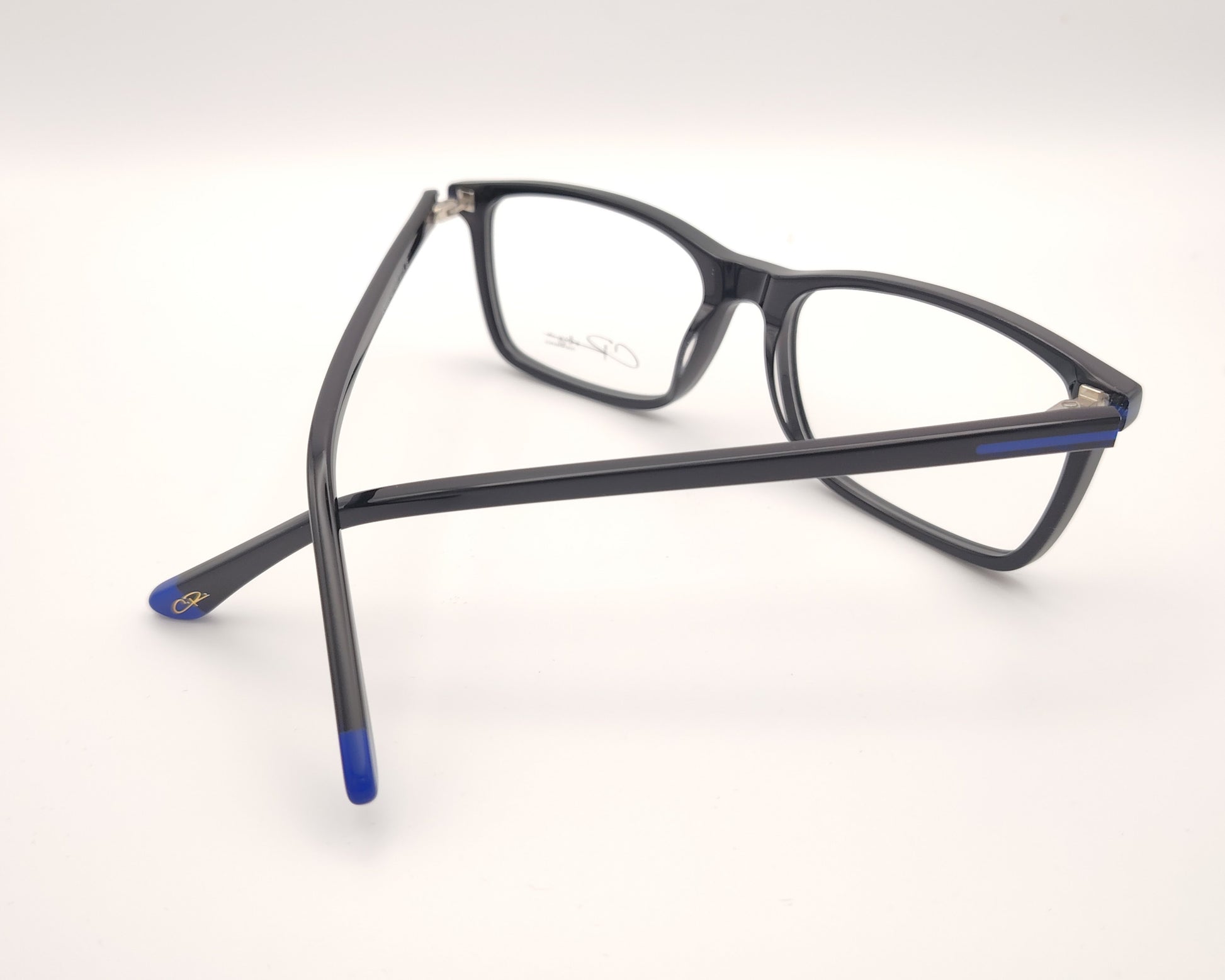 gafas graduadas negras rectangulares con detalles azules diseño moderno ligero