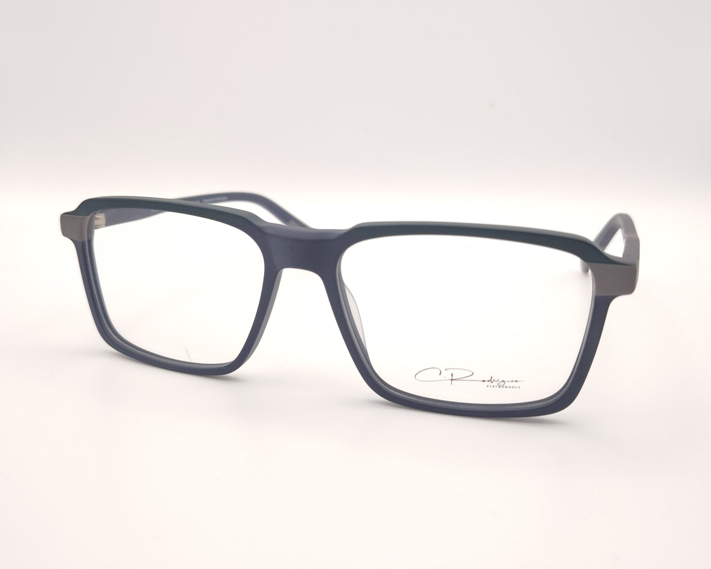 gafas graduadas rectangulares azul mate con detalles en  gris