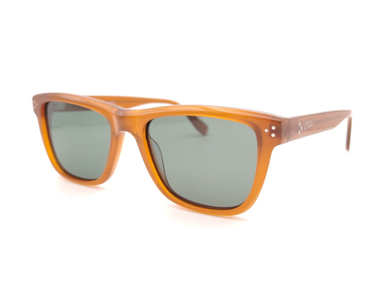 gafas de sol cuadradas de acetato color miel con lentes polarizadas verdes y detalles de remaches triples en el frontal