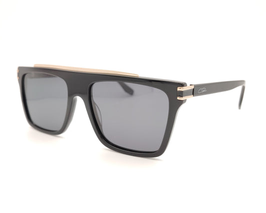 gafas de sol negras de acetato con frente recto y detalles metálicos dorados en el puente y las varillas con lentes polarizadas oscuras