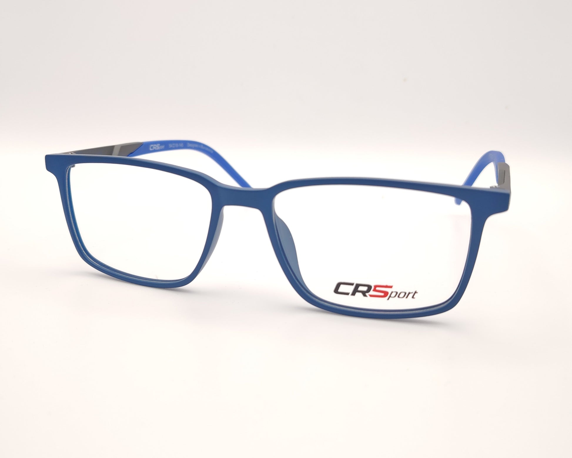 gafas graduadas rectangulares azul translúcido mate con varillas grises estilo deportivo
